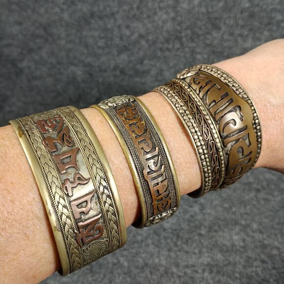 Tibetan Nepal Brass Copper Cuff Bracelets Om Mani Padme Hum Mantra Set of 3 - Picture 1 of 10